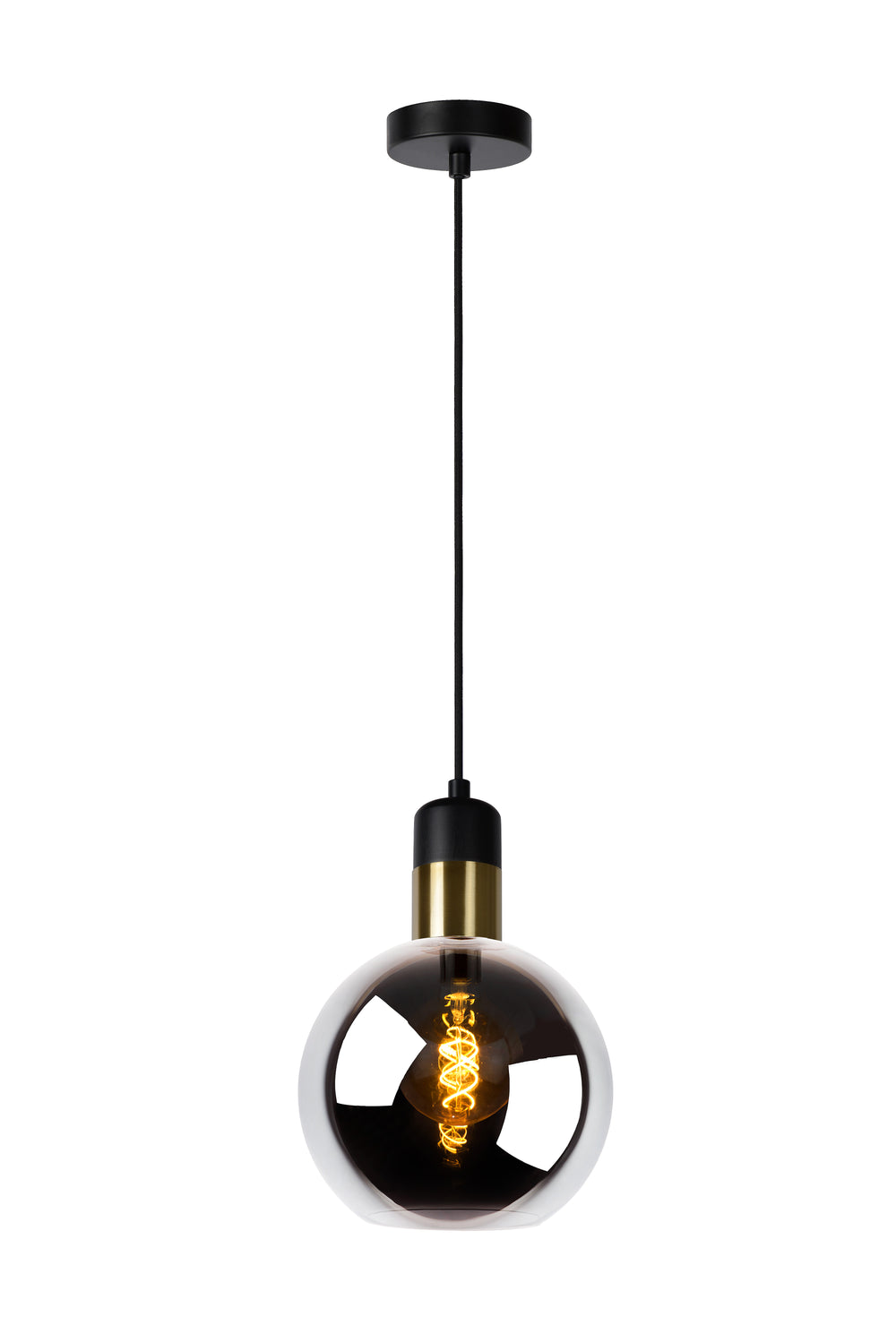 Lucide JULIUS hanging lamp, 1xE27, smoke glass shade Ø20cm, black wood and gold metal, 220-240V, IP20