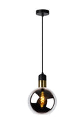 Lucide JULIUS hanging lamp, 1xE27, smoke glass shade Ø20cm, black wood and gold metal, 220-240V, IP20