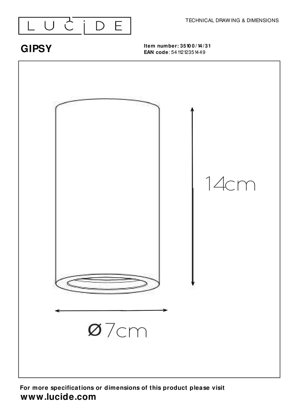 Lucide Gipsy ceiling spotlight, 1xGU10, 220-240V, IP20, White gypsum, cylindrical modern design Ø7cm