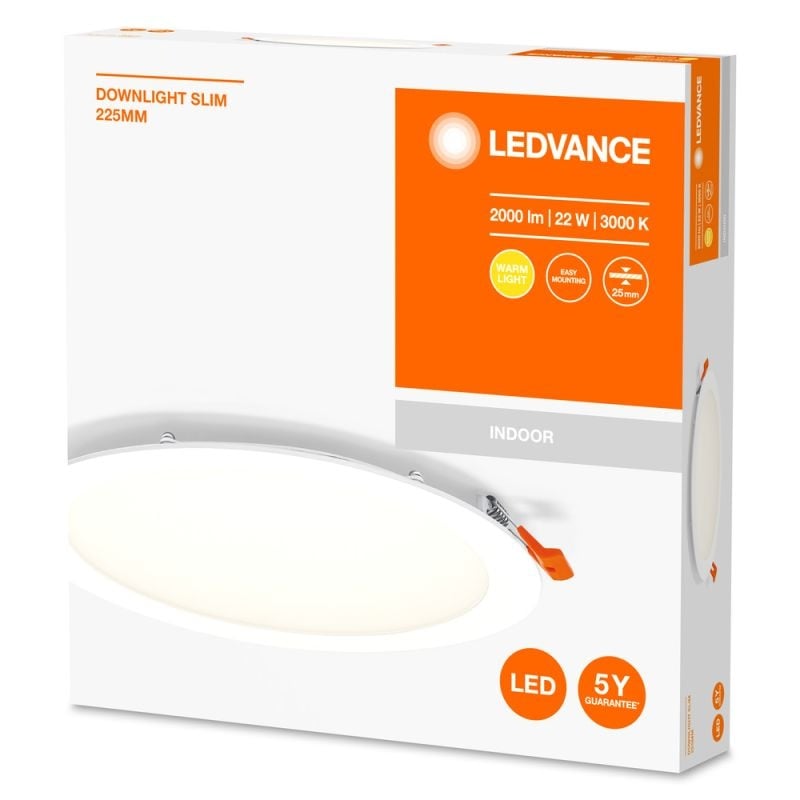Slim LED Downlight Recessed White 22W 6500K 2000 lumens 110D cut-out 200mm 225mm