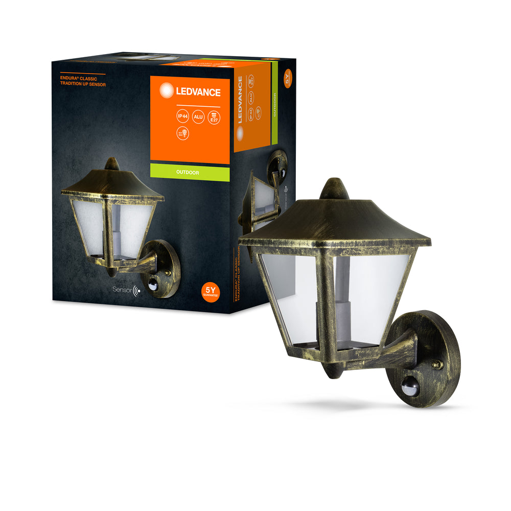 Ledvance ENDURA Classic Tradition Up Sensor Wall Light E27 Gold Black Outdoor IP44 Die-cast Aluminum