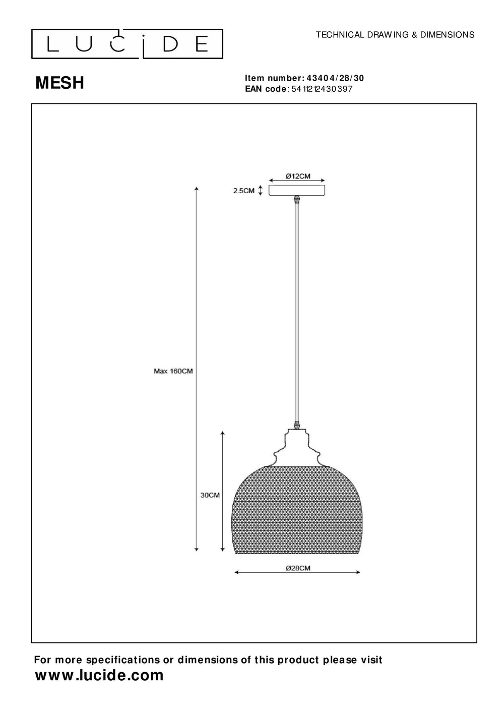 Lucide MESH hanging lamp Black Ø28cm 1xE27 modern metal pendant light IP20 height adjustable dimmable