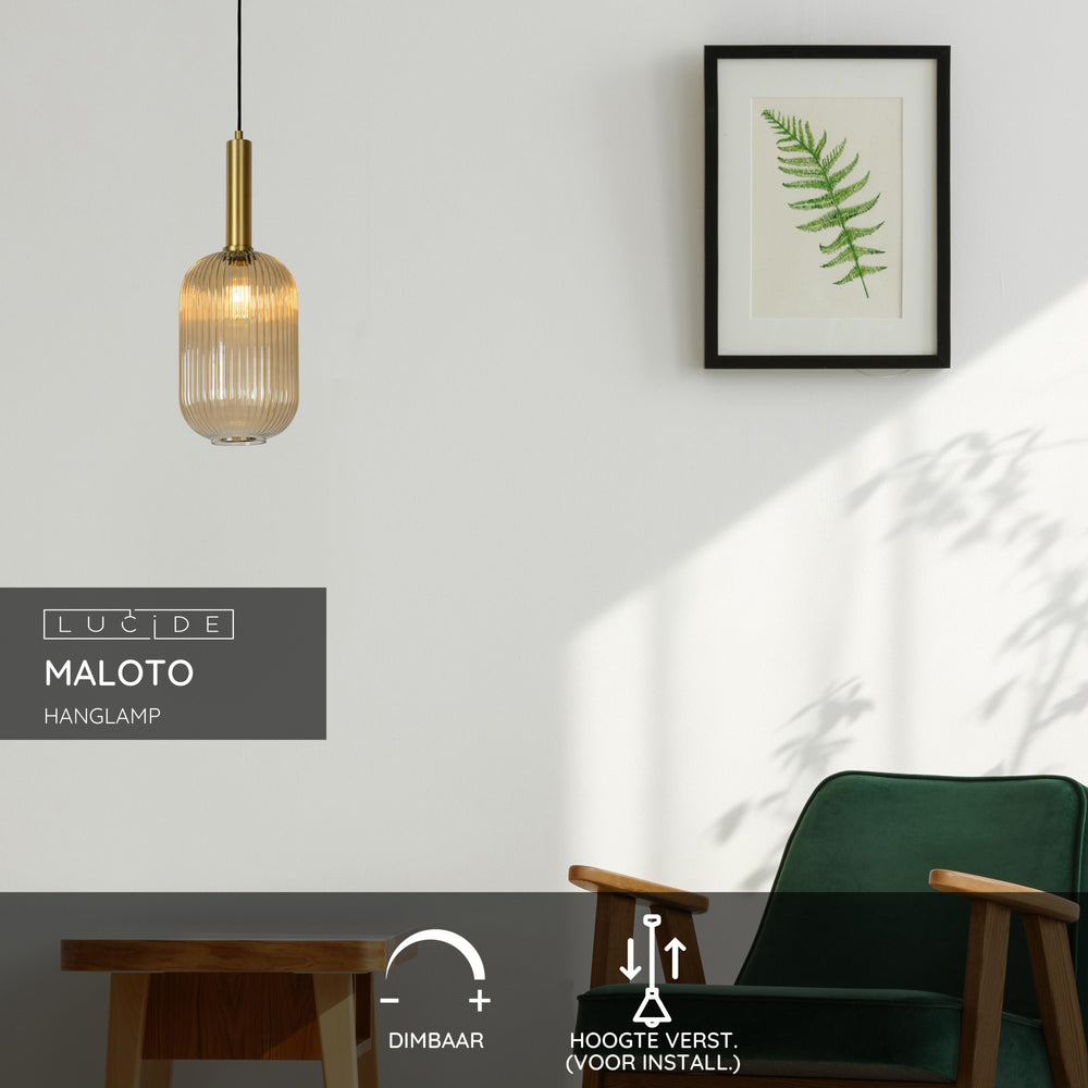 Lucide MALOTO Vintage-Pendelleuchte, 1xE27, max. 40W, bernsteinfarbenes Glas, bronzefarben, höhenverstellbar, IP20
