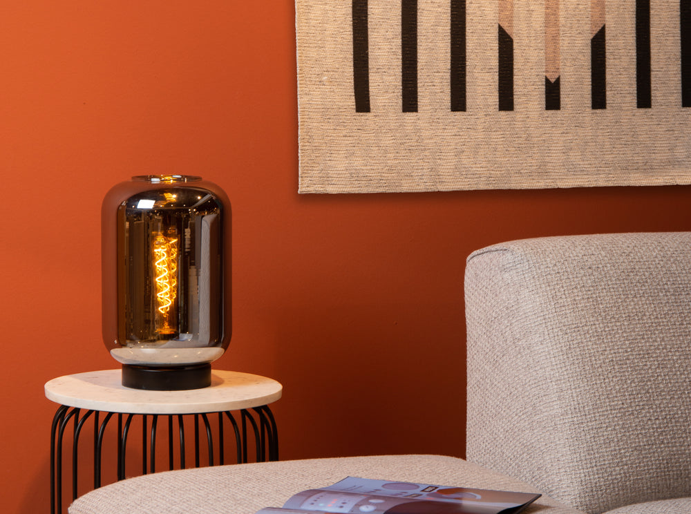 Lucide JOANET table lamp 1xE27 Fumé glass modern design with black metal base Ø22cm IP20