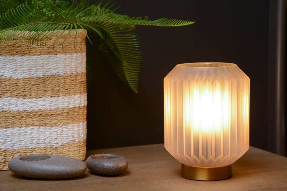 Lucide SUENO table lamp Ø13cm E14 socket White glass with Gold steel base modern design indoor IP20