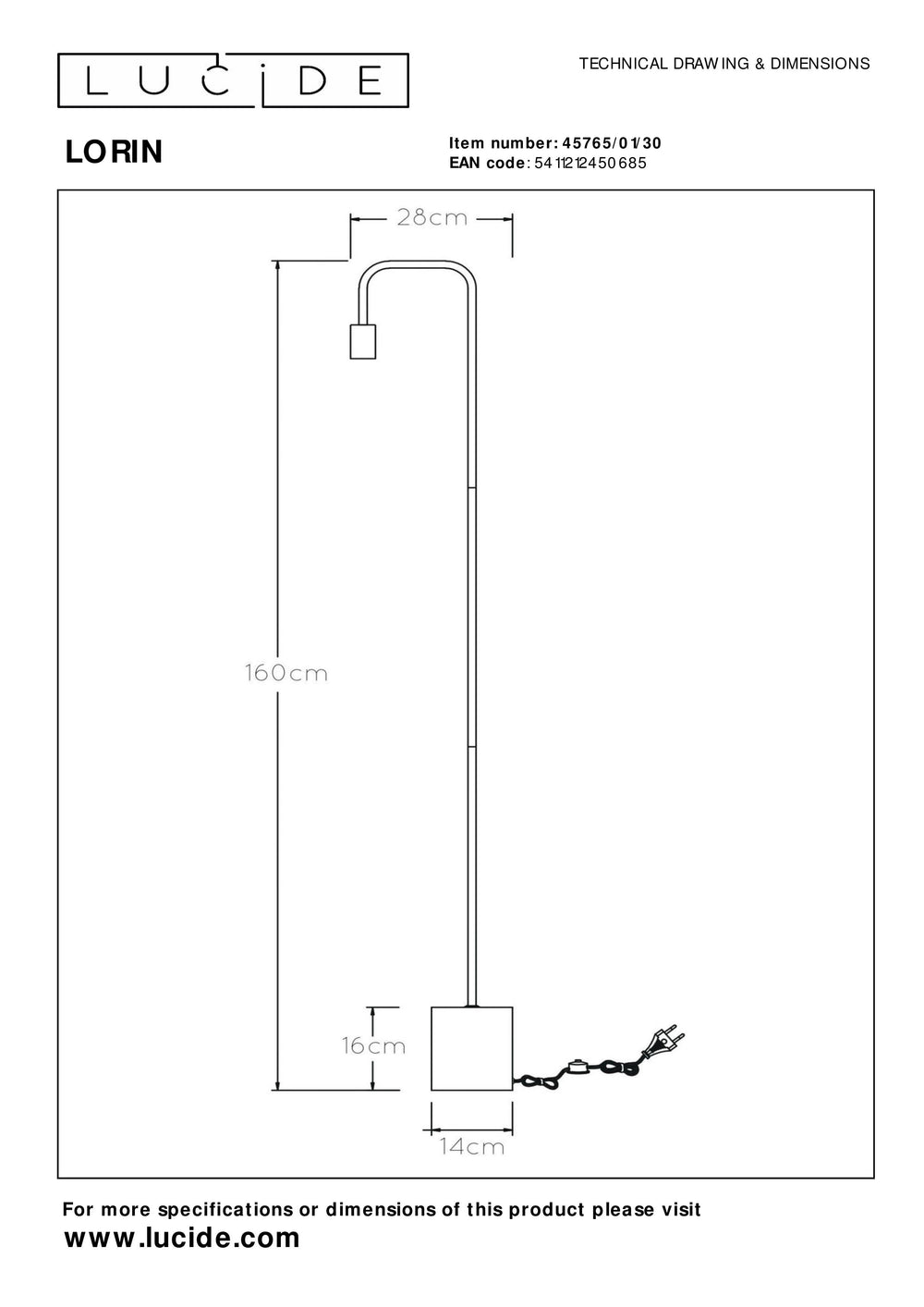 Lucide LORIN Stehlampe, 1xE27 Fassung, max. 40W, 220-240V, IP20, matt schwarzes Metall und Marmor, 1600mm Höhe