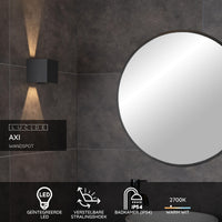 Lucide AXI LED Wandleuchte, 2x7W 2700K, IP54, einstellbarer Abstrahlwinkel, Schwarzes Aluminium, moderne Badezimmerbeleuchtung