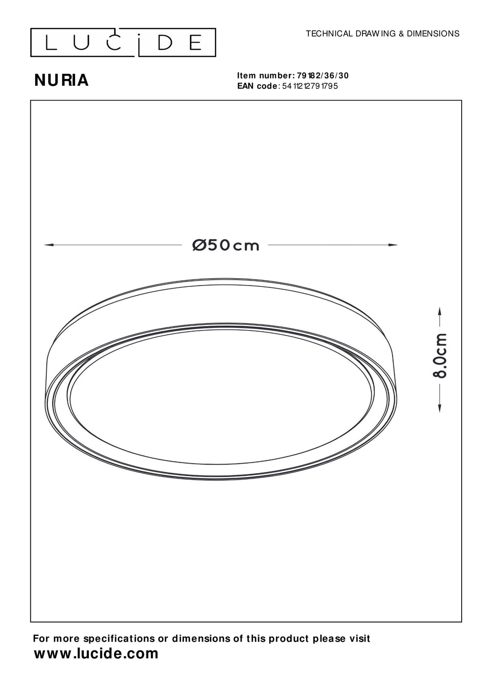 Lucide NURIA LED Deckenleuchte 36W 2700K 3-Stufen Dim rund Ø50cm Schwarz modern IP20