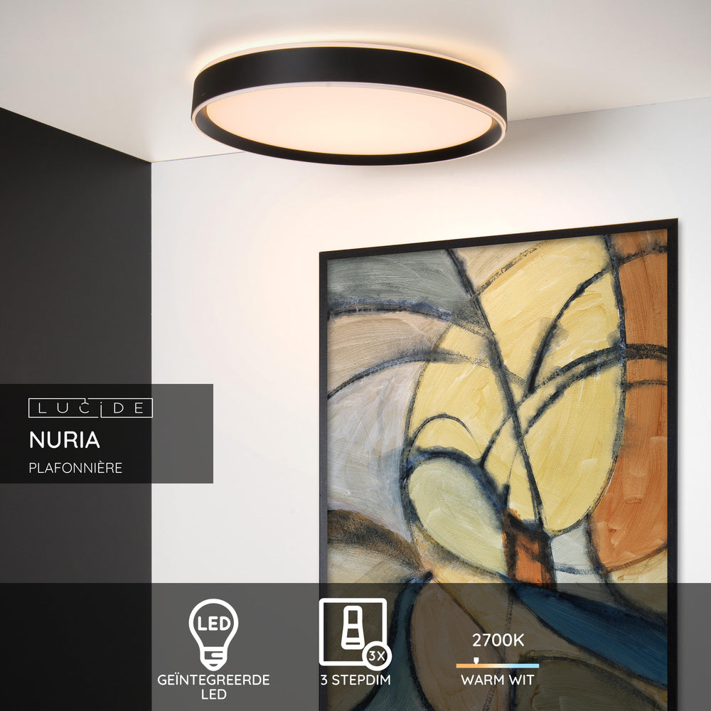 Lucide NURIA LED Deckenleuchte 36W 2700K 3-Stufen Dim rund Ø50cm Schwarz modern IP20