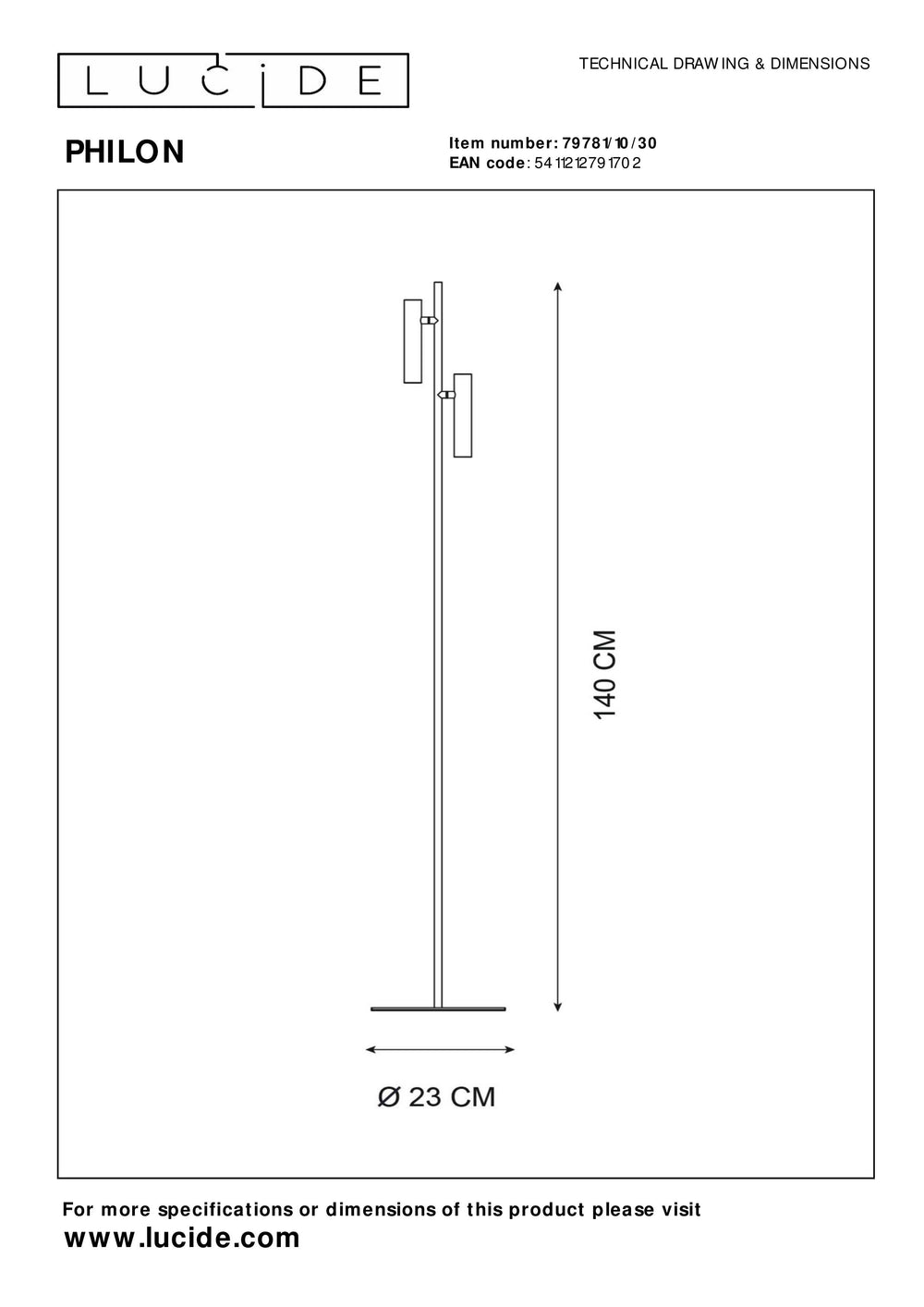 Lucide PHILON LED reading lamp, 2x4.5W 3000K dimmable with touch control, 220-240V, IP20, Black, 140cm