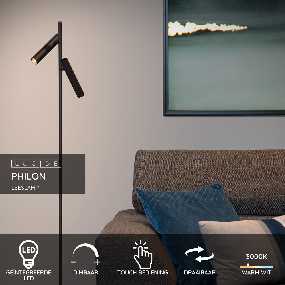 Lucide PHILON LED reading lamp, 2x4.5W 3000K dimmable with touch control, 220-240V, IP20, Black, 140cm