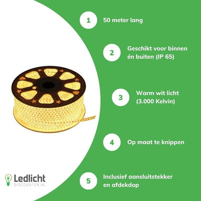 Tsong LED light strip 50m 3000K warm white, 1521 lumens, IP20, Philips chip, 220-240V, 120° beam angle