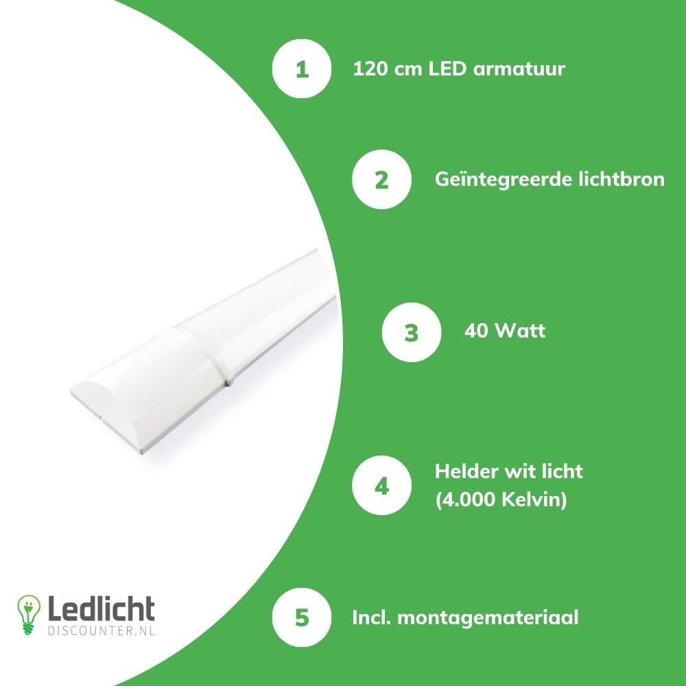 Aigostar LED batten 120cm 40W 4000K bright white light IP20 Philips chip CRI 80 CE RoHS incl mounting