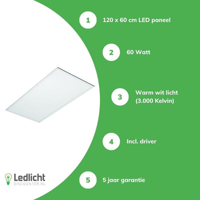 LCB LED Panel 120x60cm, 60W, 7200 Lumen, 3000K Warmweiß, IP20, Philips Chip, Treiber enthalten, 5 Jahre Garantie
