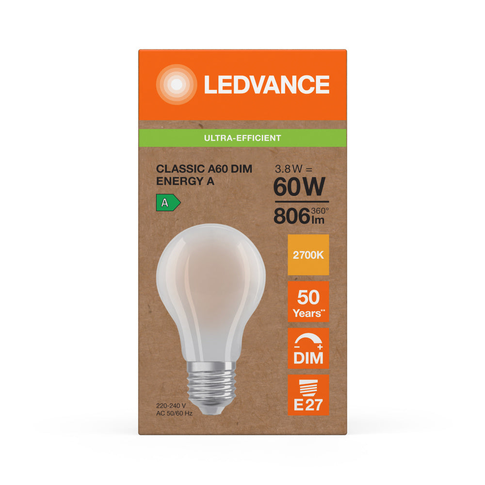 Ledvance LED Classic A60 Frosted E27 Dimmable 3.8W 2700K 806 lumens Warm White Energy Class A