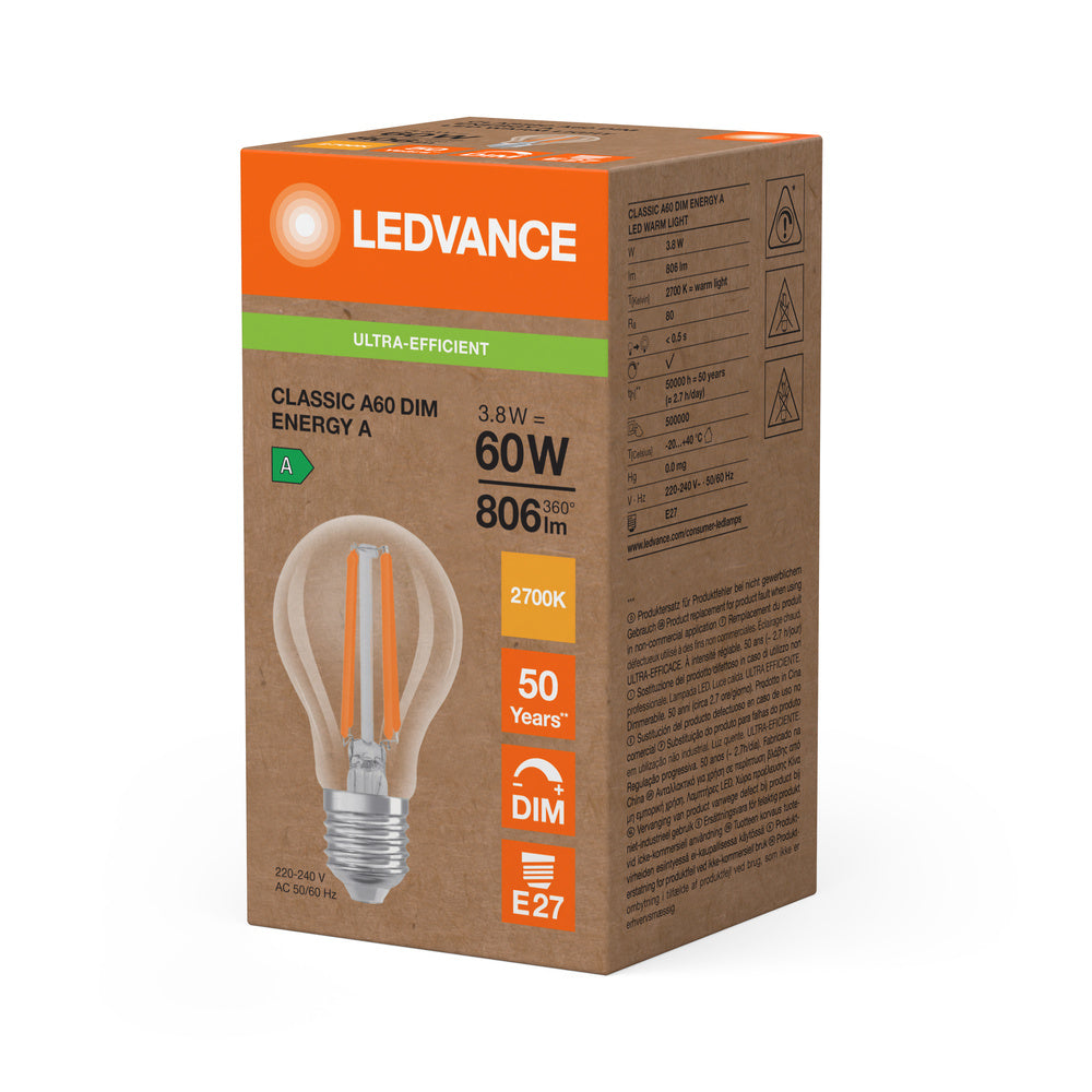 Ledvance LED Classic A E27 Warmweiß 2700K 3.8W dimmbar klare Lampe 806 Lumen 220-240V IP20 50000h