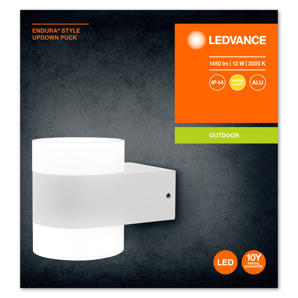 Ledvance ENDURA Style UpDown Puck LED Wall Light 12.5W 3000K 980 lumens IP44 White Aluminum Outdoor