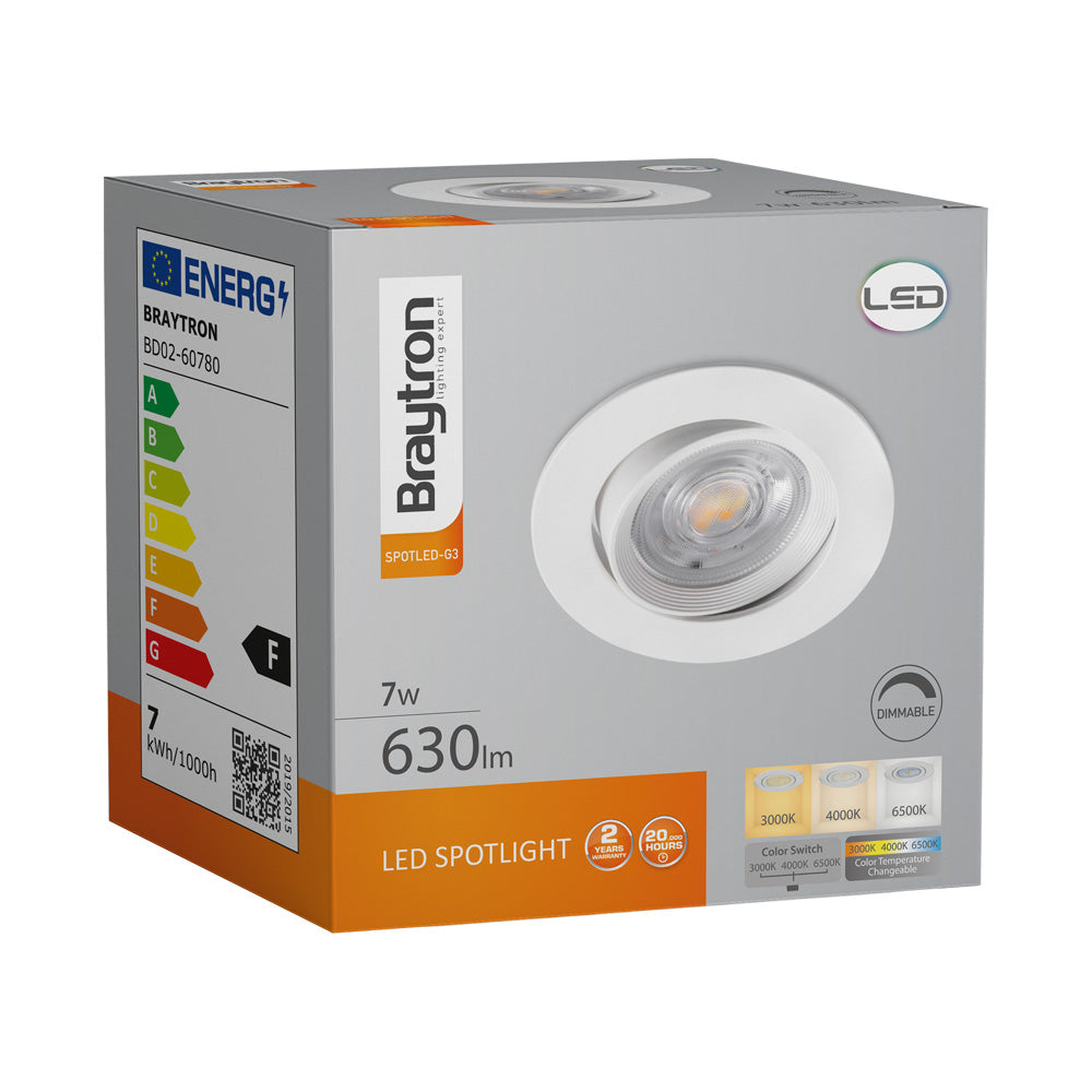 Braytron 7W dimmable LED spotlight 630 lumen 3-in-1 color white IP20