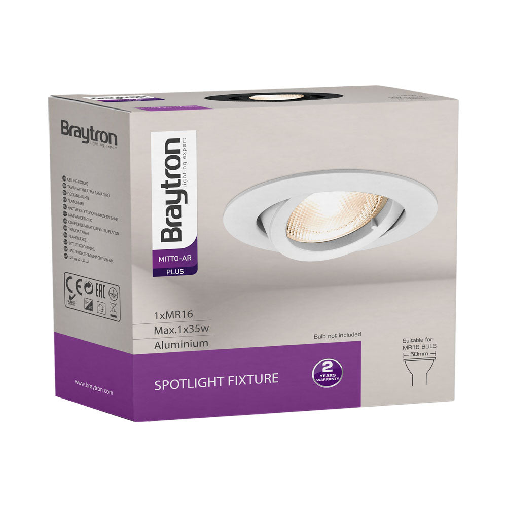 Braytron recessed round LED spotlight fixture, Black aluminium, MR16 socket, 35W max, IP20 indoor lighting