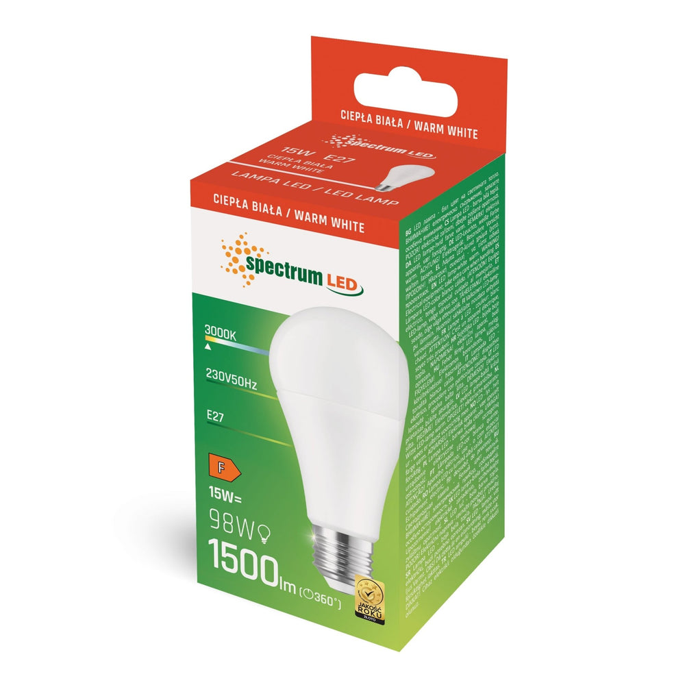 Spectrum LED-Lampe E27 15W 3000K warmweiß mit 1500 Lumen und 270° Lichtstrahl für Innenräume