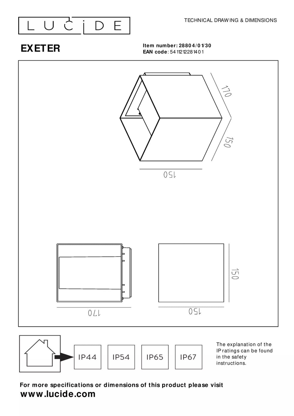 Lucide EXETER outdoor wall light Black E27 socket IP54 aluminium housing durable design
