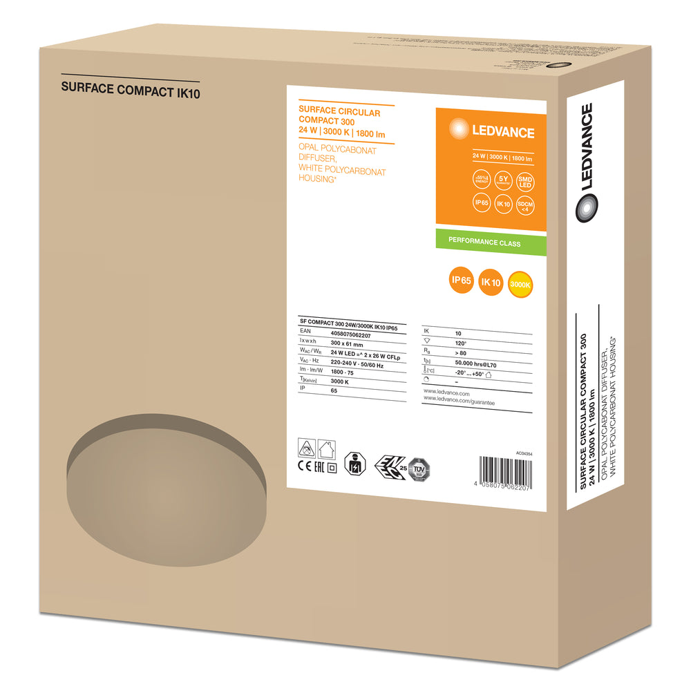 LED-Bulkhead-Decken- oder Wandleuchte, Weiß, IP65 IK10, 24W 1800 Lumen, 3000K warmweiß, Ø300mm