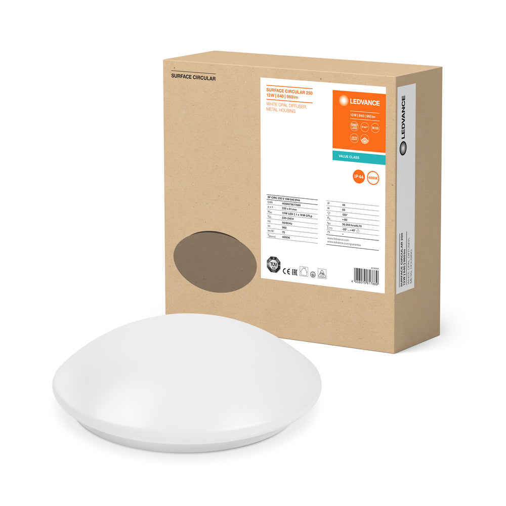 Ledvance LED Bulkhead Surface Circular Ø250 White, 13W 9600 lumens, 4000K, IP44 for your hallway or bathroom