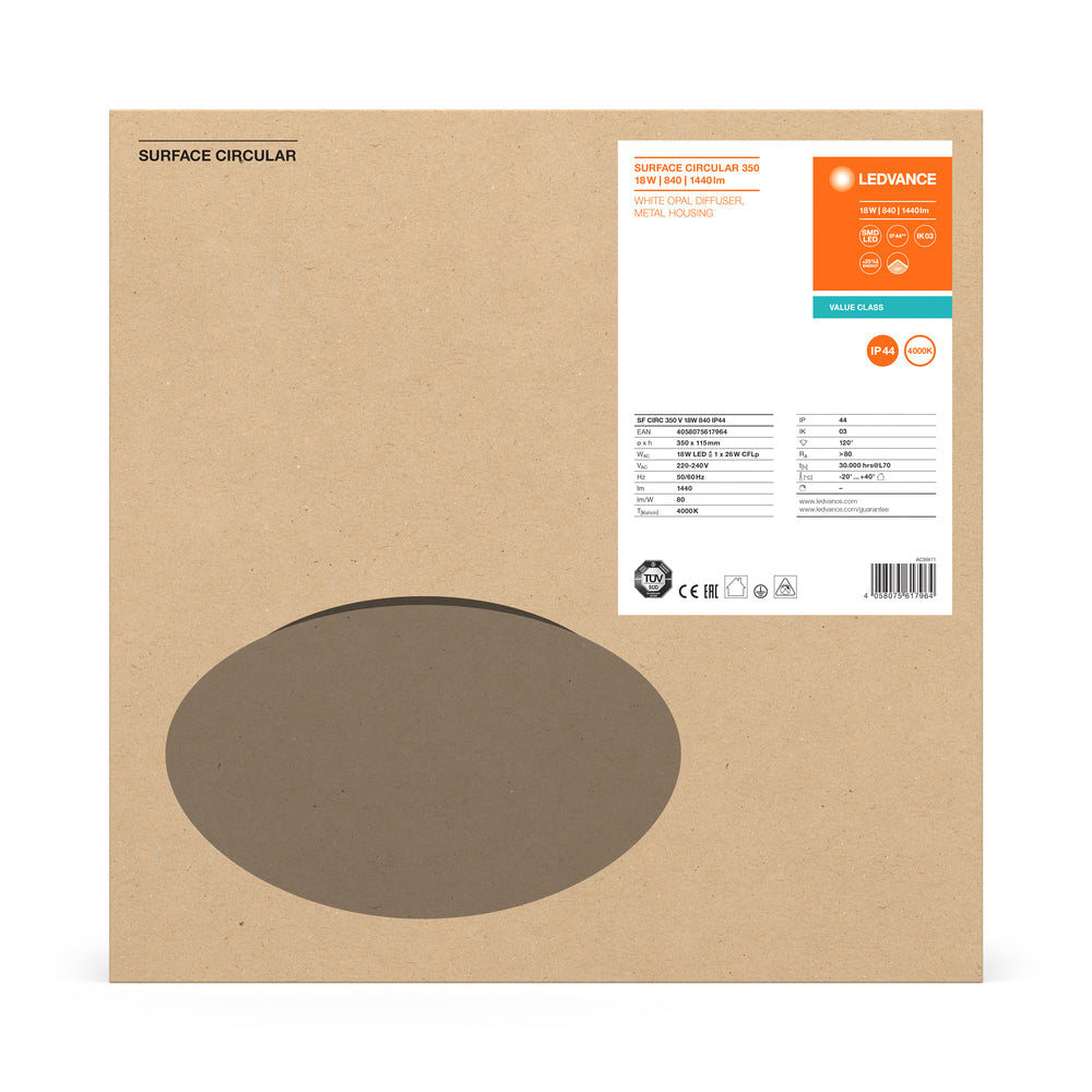 LED-Bulkhead-Aufbauleuchte rund Ø400 Weiß 24W 1920 Lumen 3000K IP44 für Innen- und Außenbeleuchtung