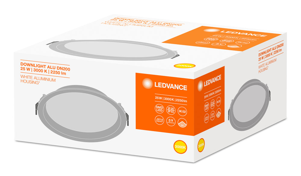 LED Downlight Alu DN200 25W 2250 lumens 3000K Warm White 215mm IP44