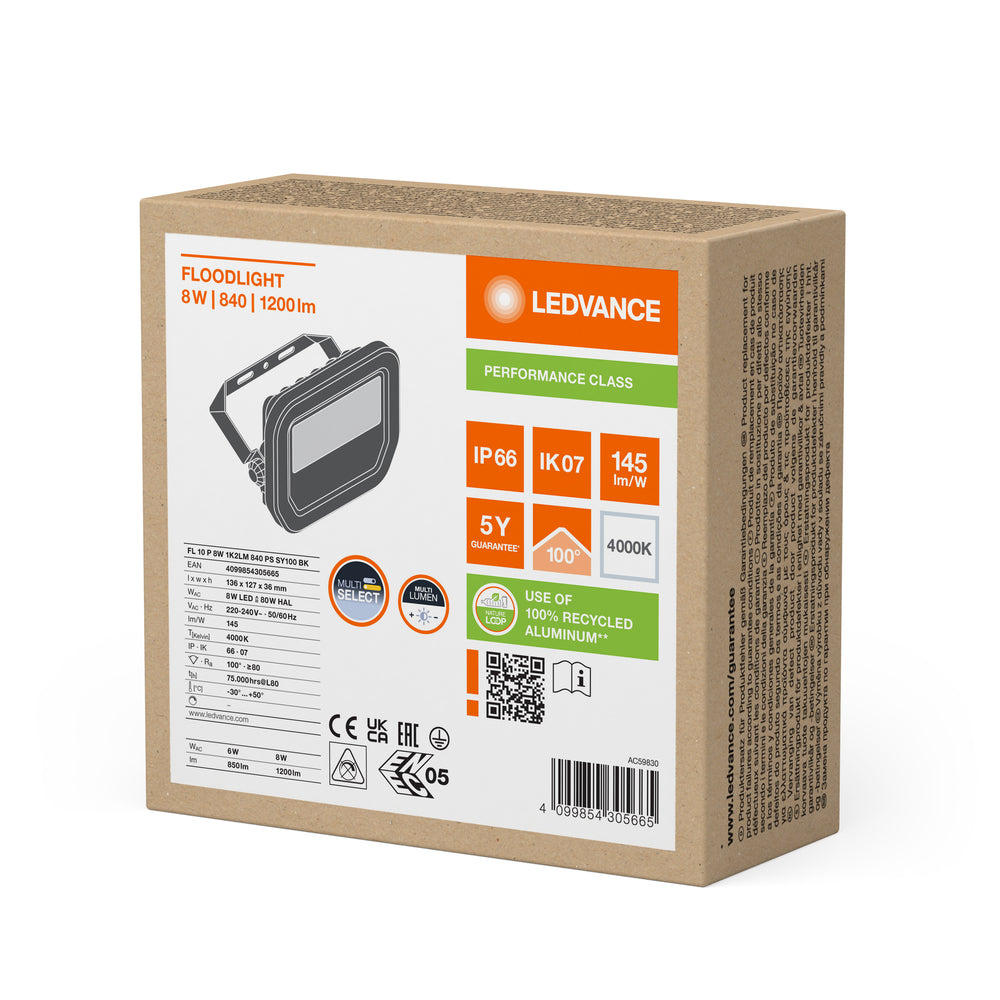 LED Floodlight Aluminium Black 8W 1200 lumens 4000K IP66 symmetrical beam