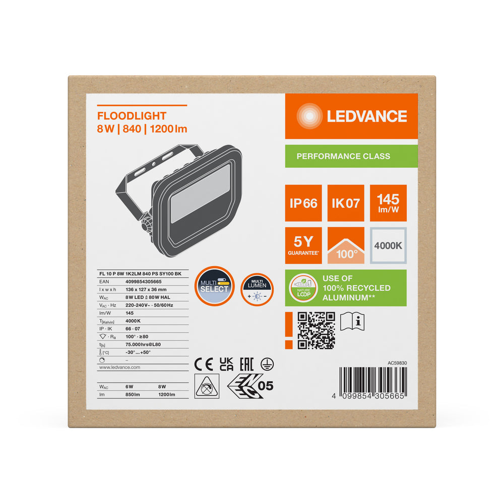 LED Floodlight Aluminium Black 8W 1200 lumens 4000K IP66 symmetrical beam