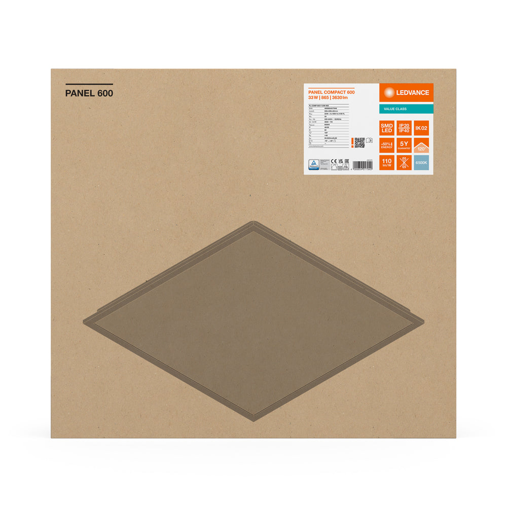 LED Panel Kompakt 33W 3630 Lumen 6500K Tageslicht 60x60cm Weiß Aluminium IP20 CRI 80 CE RoHS