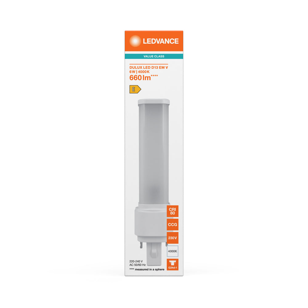 LED PL-C Dulux-D D/E 6W 660 lumens 4000K Cool White G24d-1 2-Pin 230V replacement for 13W