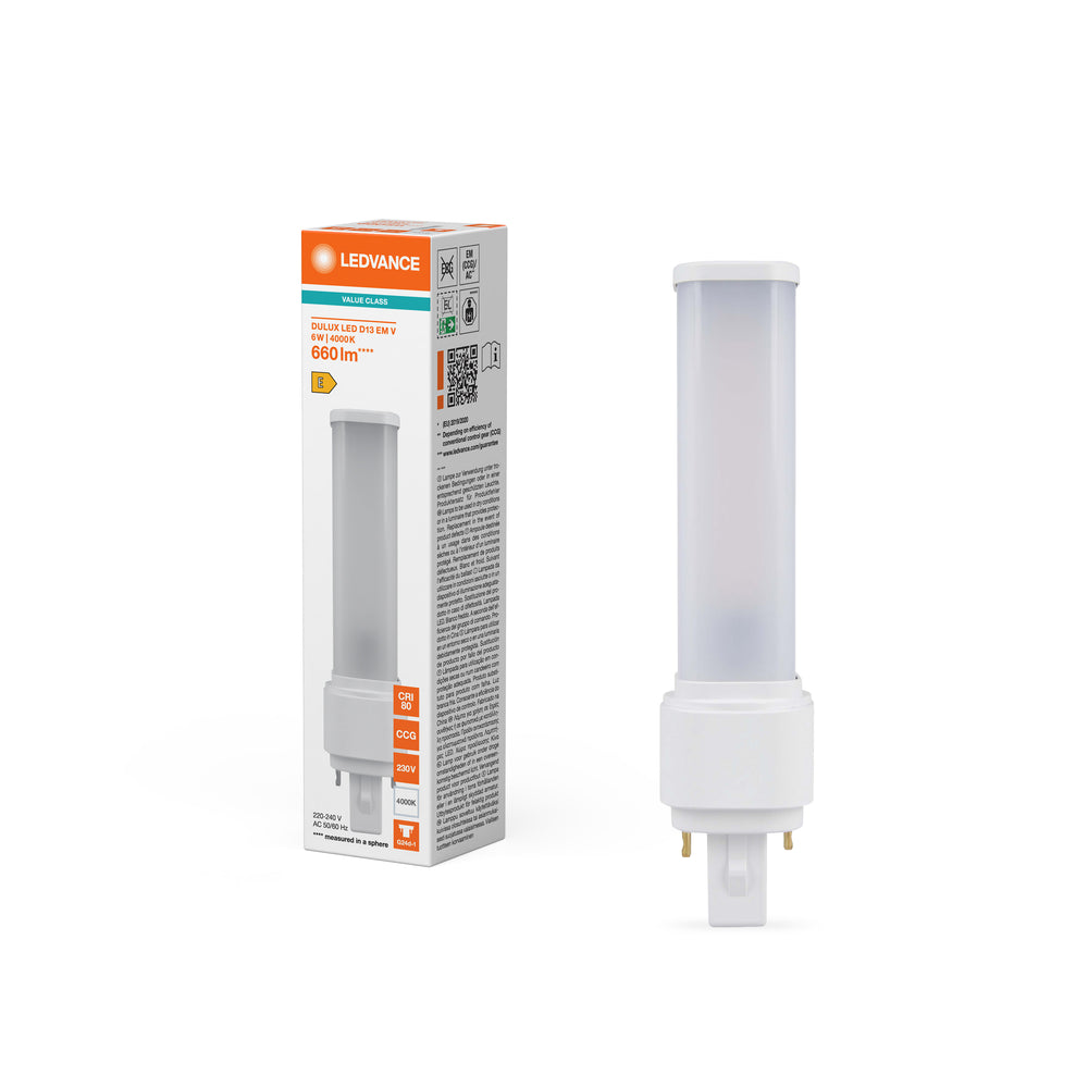 LED PL-C Dulux-D D/E 6W 660 lumens 4000K Cool White G24d-1 2-Pin 230V replacement for 13W