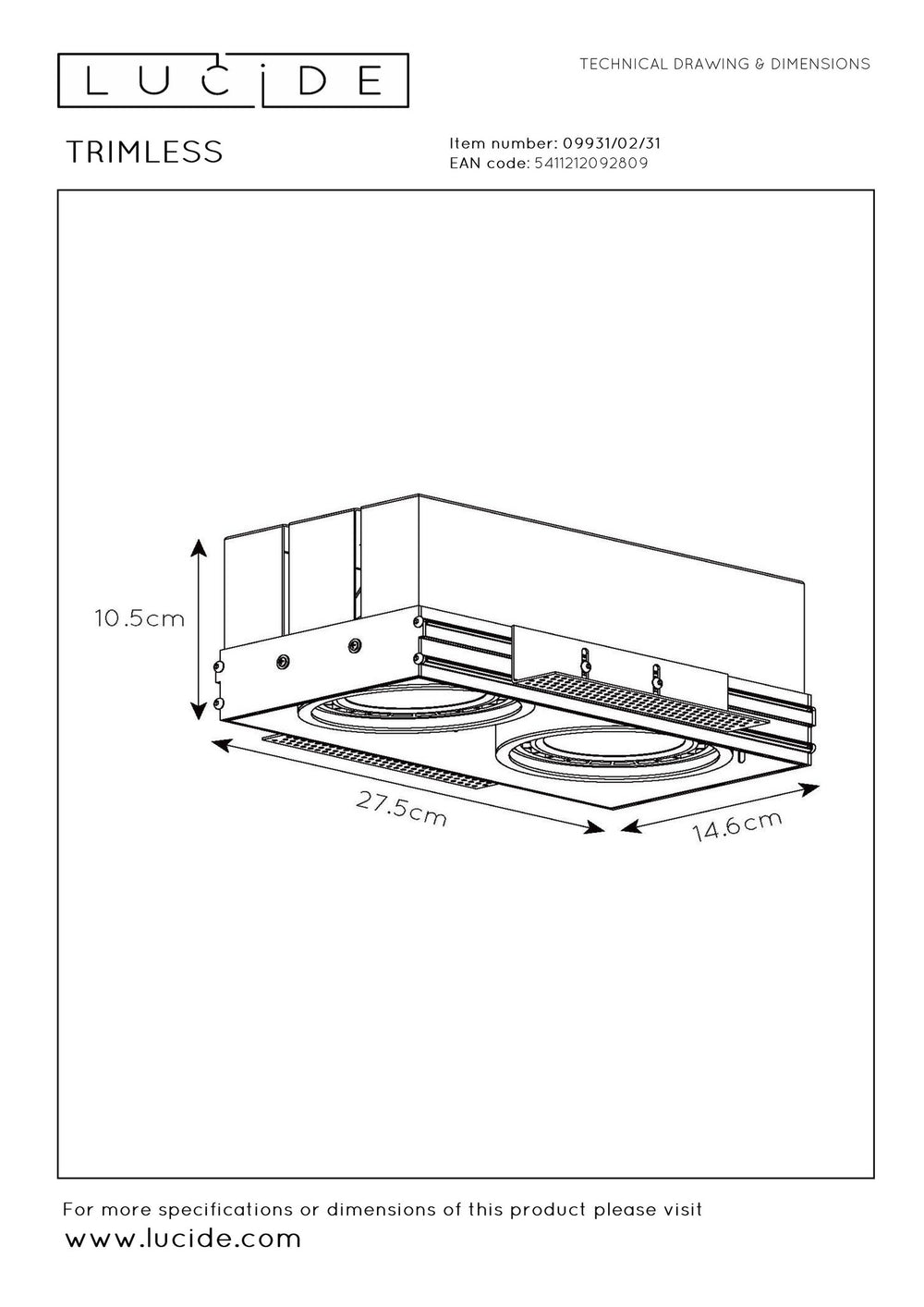 Lucide trimless Einbaustrahler 2xGU10 weiße LED-Lampe IP20