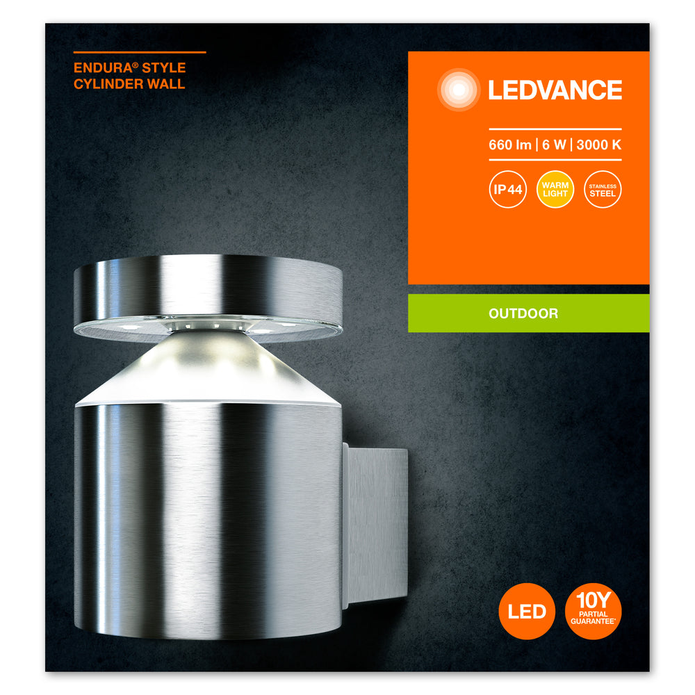 Ledvance ENDURA Style Cylinder Wall LED Light 6W 3000K IP44 Stainless Steel Outdoor Surface Mounted