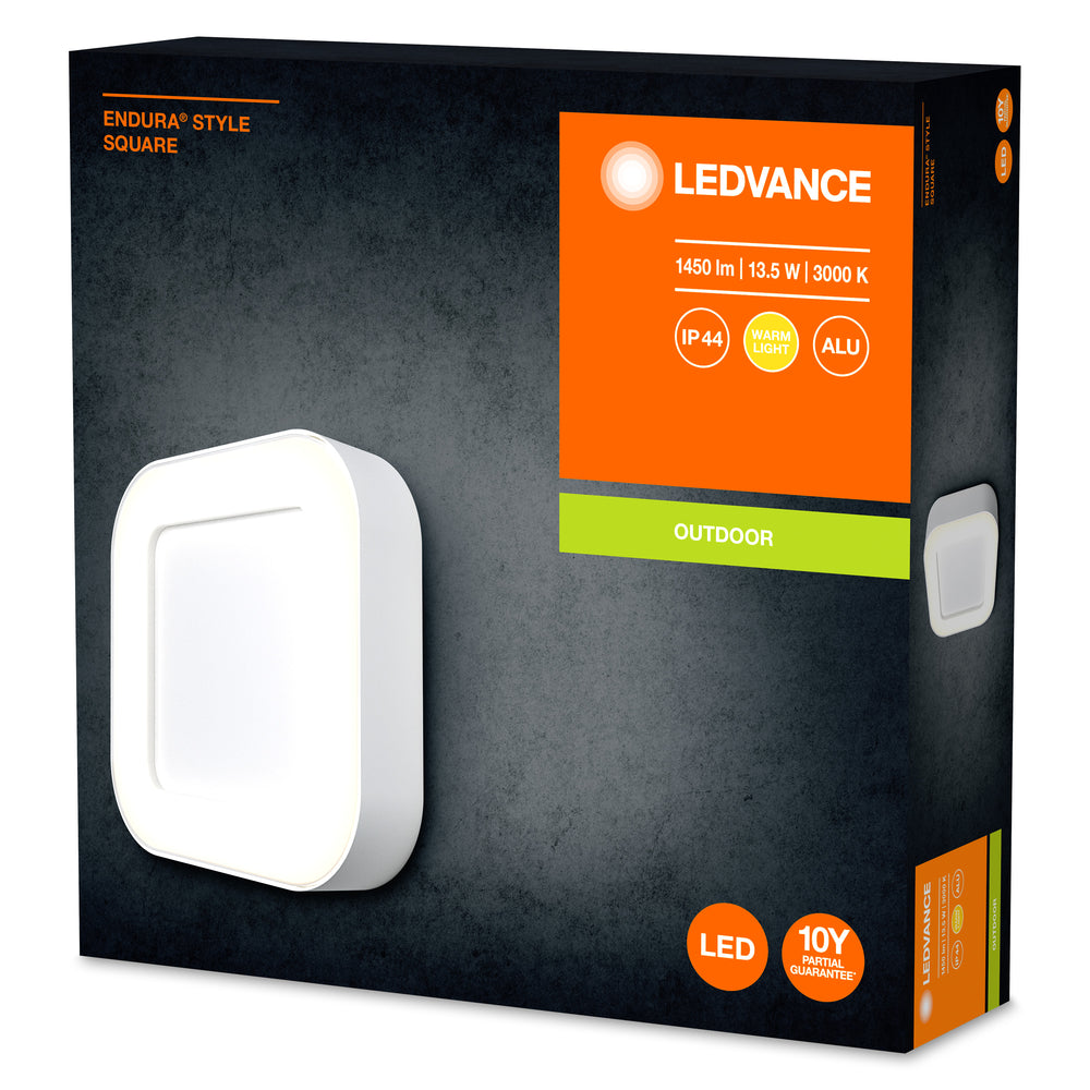 Ledvance ENDURA Style Square LED Wall Light 13.5W 3000K 220-240V IP44 IK07 White Outdoor Surface Mount