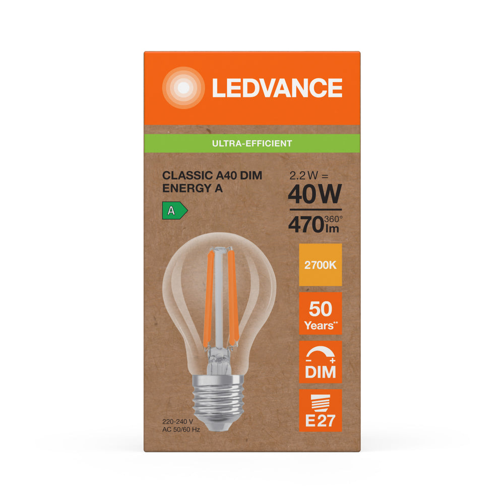 Ledvance LED Classic A E27 Lampe 2,2W 2700K dimmbar 470 Lumen klares Glas 40W Ersatz warmweiß