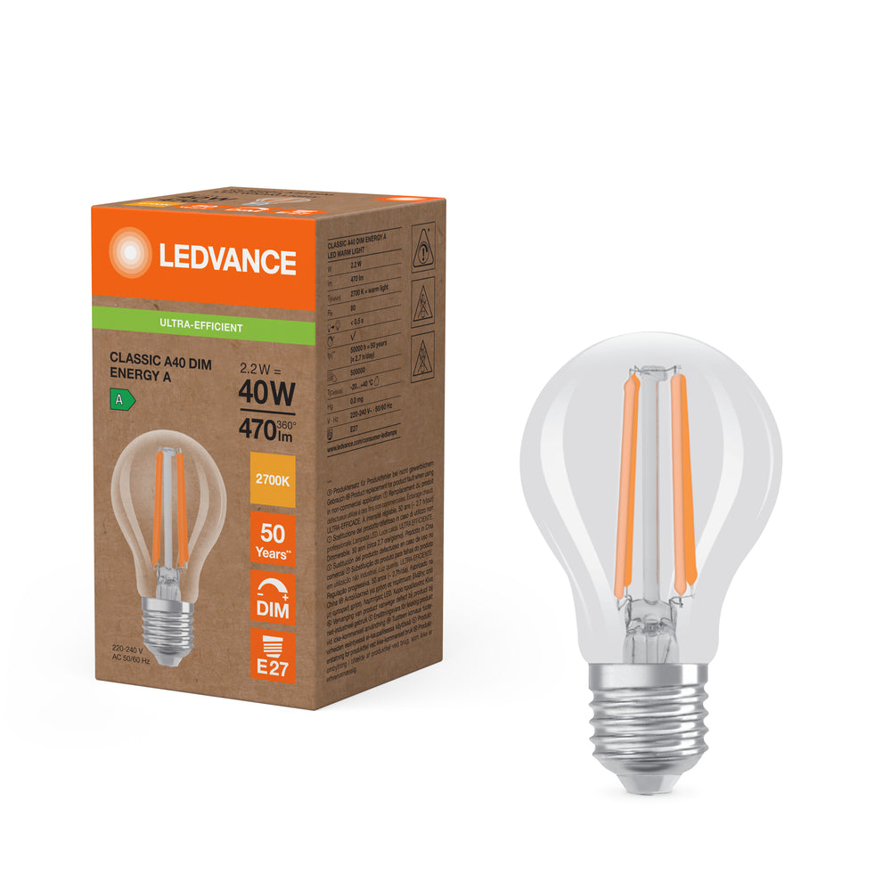 Ledvance LED Classic A E27 Lampe 2,2W 2700K dimmbar 470 Lumen klares Glas 40W Ersatz warmweiß