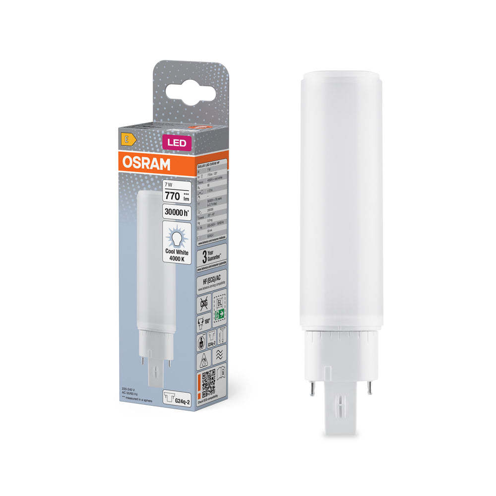 Ledvance OSRAM DULUX LED G24Q-2 7W 4000K cool white retrofit lamp, 770 lumens, IP20, 220-240V, rotatable base