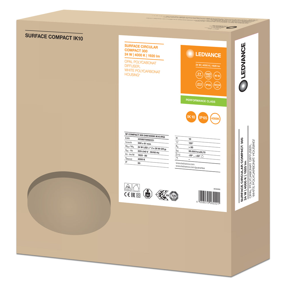 Ledvance Surface LED Compact 24W 4000K IP65 IK10 White ceiling and wall light 1920 lumens