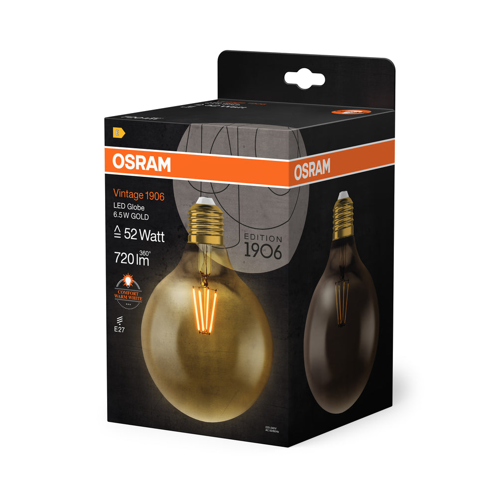 Ledvance Vintage 1906 LED Globe 6.5W E27 2400K Gold Glass Bulb 720 lumens 220-240V IP20 124mm