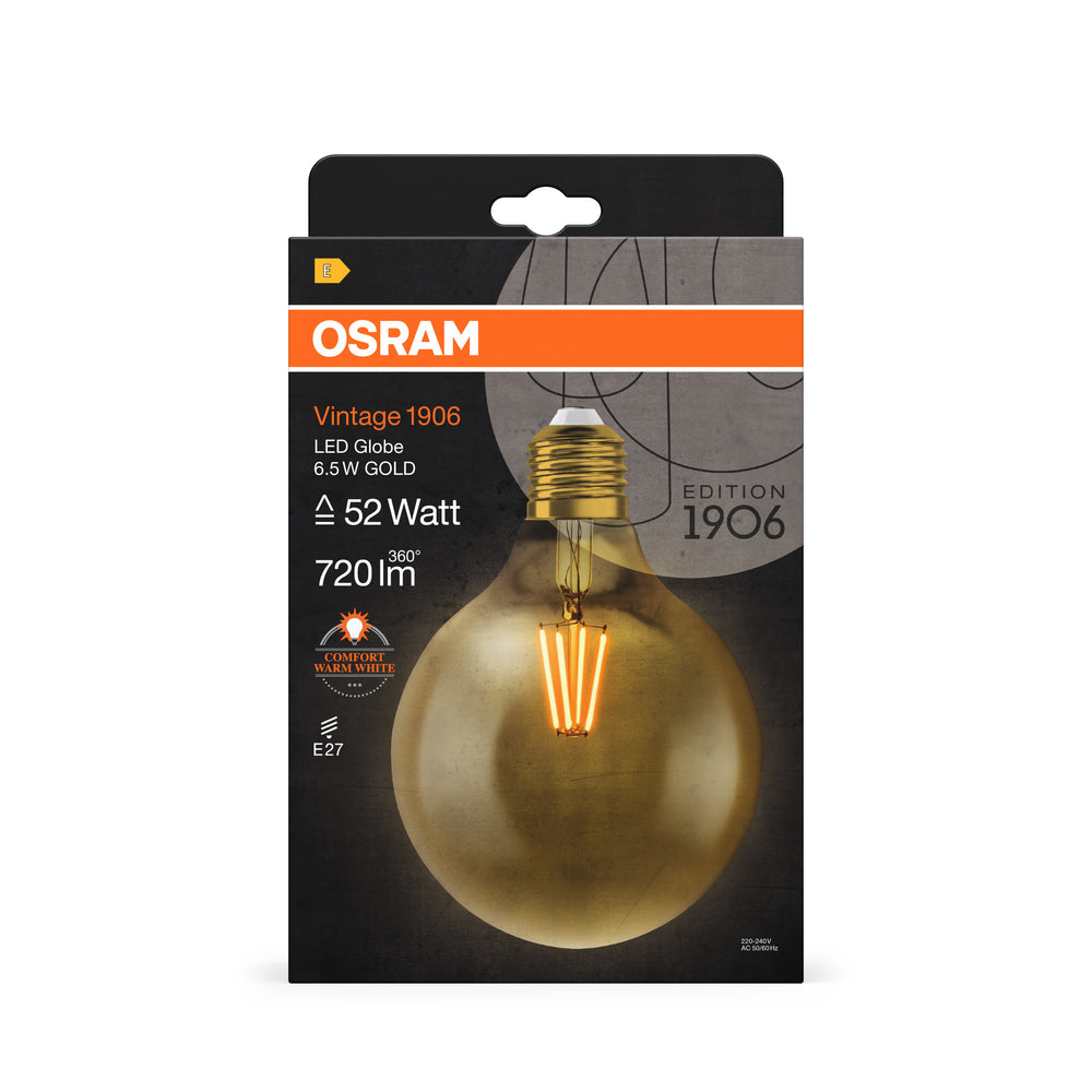 Ledvance Vintage 1906 LED Globe 6.5W E27 2400K Gold Glass Bulb 720 lumens 220-240V IP20 124mm