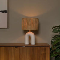 Lucide LED Tischlampe Ronda mit E27 Fassung, Rattanschirm, Keramikfuß, 28x28x45cm Weiß für den Innenbereich
