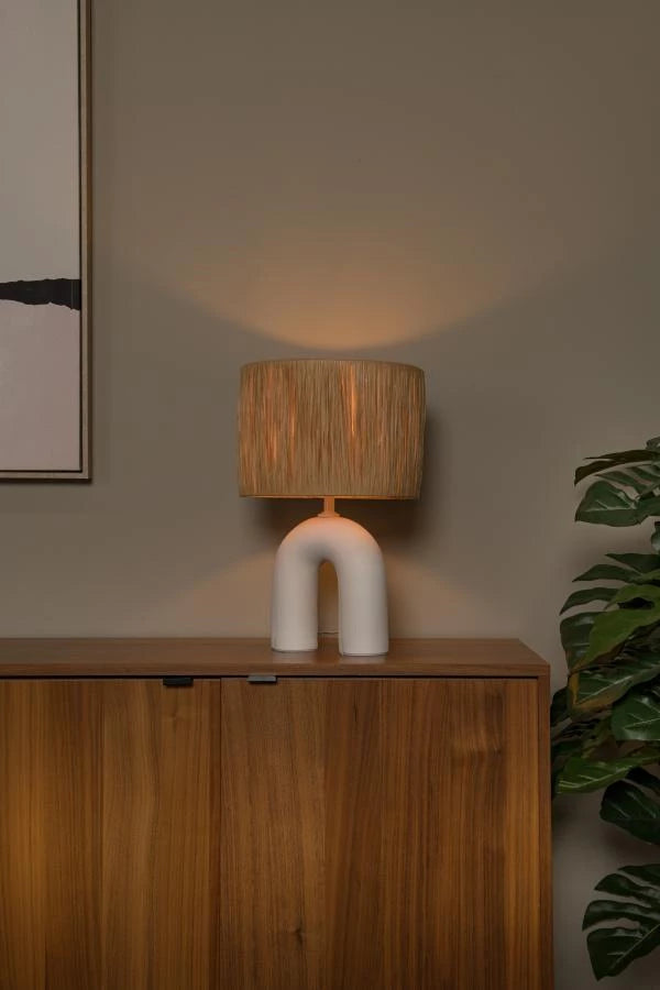 Lucide LED Tischlampe Ronda mit E27 Fassung, Rattanschirm, Keramikfuß, 28x28x45cm Weiß für den Innenbereich