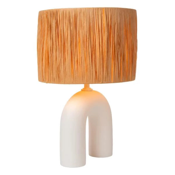 Lucide LED Tischlampe Ronda mit E27 Fassung, Rattanschirm, Keramikfuß, 28x28x45cm Weiß für den Innenbereich