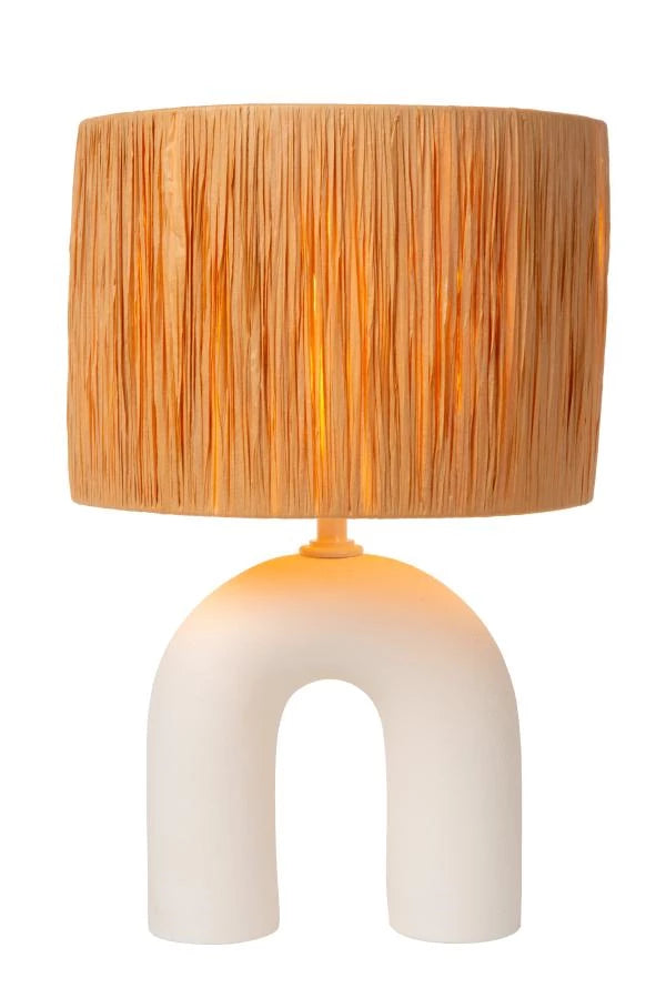 Lucide LED Tischlampe Ronda mit E27 Fassung, Rattanschirm, Keramikfuß, 28x28x45cm Weiß für den Innenbereich