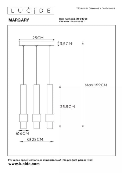 Lucide margary LED pendant light 3x4W 2700K coffee 28cm dimmable