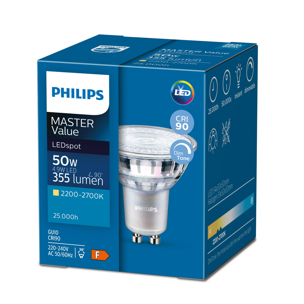 Philips MASTER Value LEDspot GU10 4.9W 2200K-2700K 355 Lumen 36° Abstrahlwinkel 90CRI dimmbar