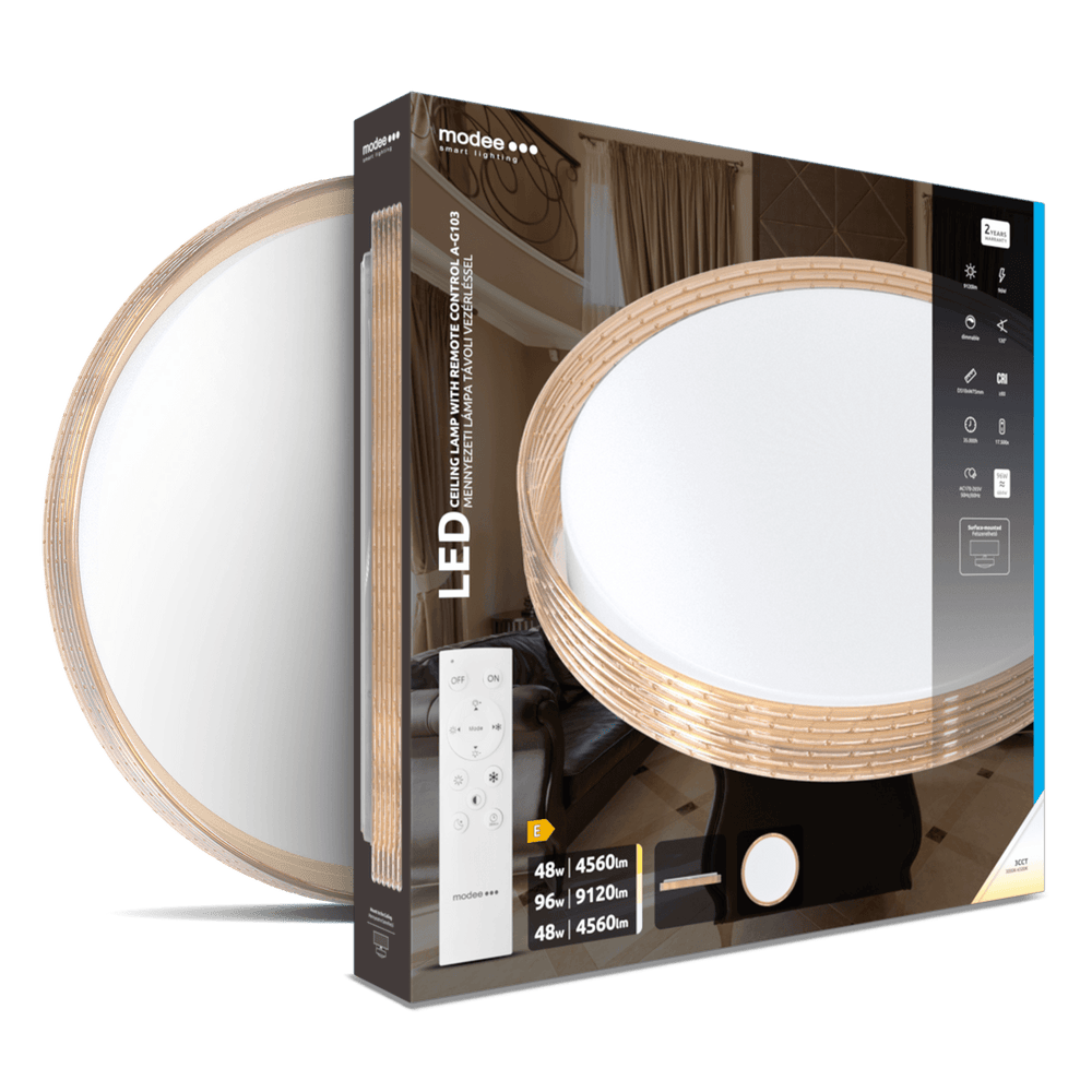 Modee LED Deckenleuchte 2x48W 3CCT 2700K-6500K 9120 Lumen IP20 Ø510x75mm Braun mit Fernbedienung